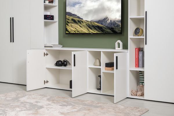 Тумба под ТВ Эйр 16.55 белый PE шагрень, собирается на любую сторону