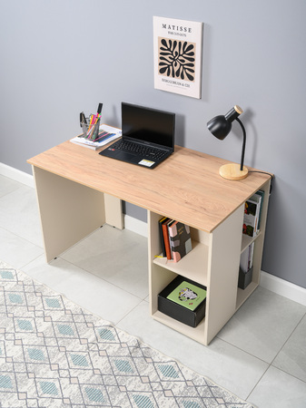 Стол письменный Лайт 12.163 сатин 7045 SU, гикори рокфорд натуральный KO86 PW, сборка на любую сторону, два варианта сборки тумбы