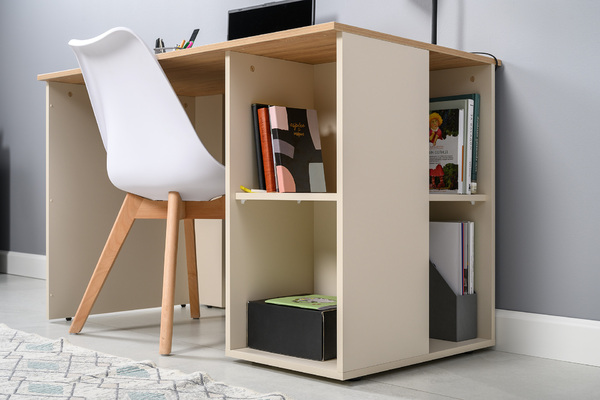 Стол письменный Лайт 12.163 сатин 7045 SU, гикори рокфорд натуральный KO86 PW, сборка на любую сторону, два варианта сборки тумбы