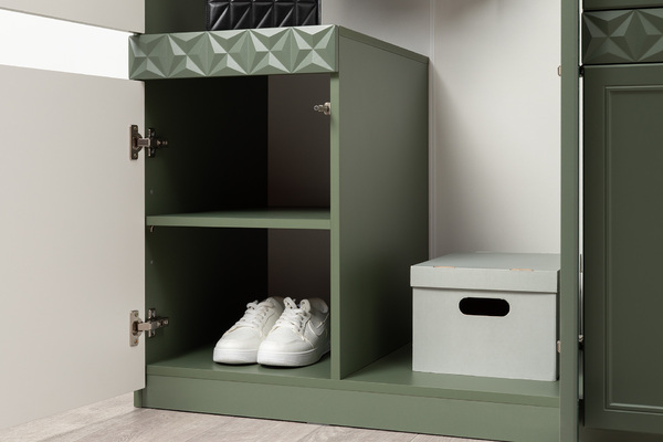 Шкаф для одежды Марион 16.340.03 дымчатый зеленый K521, олива шагрень AG 1050 ПВХ (собирается на любую сторону)