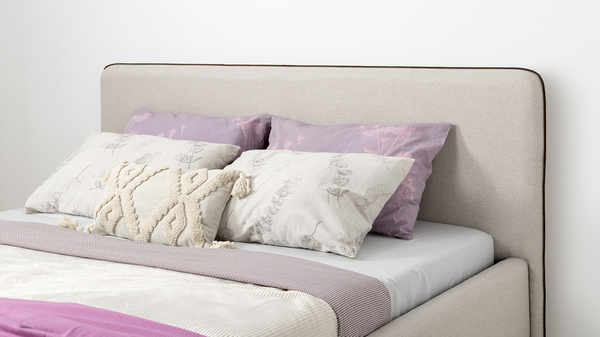 Кровать Миа 160 рогожка светло-бежевый, кант желтовато-коричневый с ортопедическим основанием и подъемным механизмом